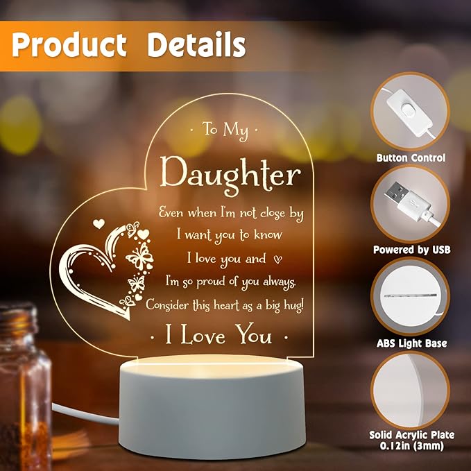 To My Daughter Engraved Night Light, Daughter Gift from Mom on Mothers Day, Valentines Day, Birthday
