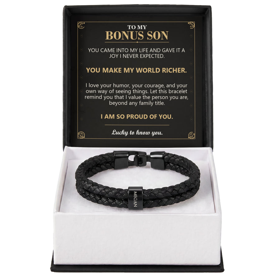 To My Bonus Son, You Make My World Richer - Personalized Name Bracelet