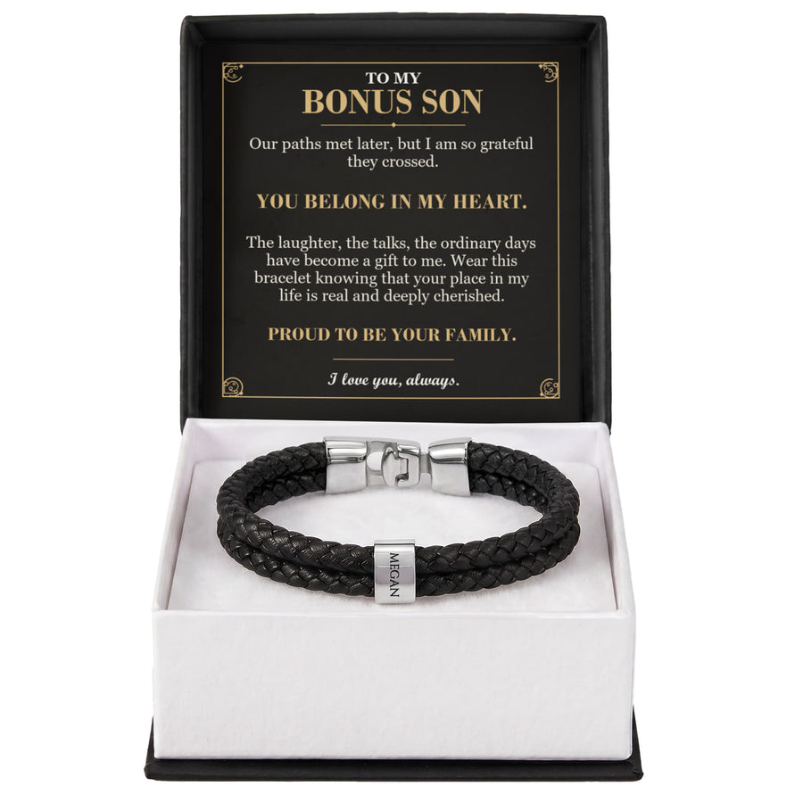 To My Bonus Son, You Belong in My Heart - Personalized Name Bracelet