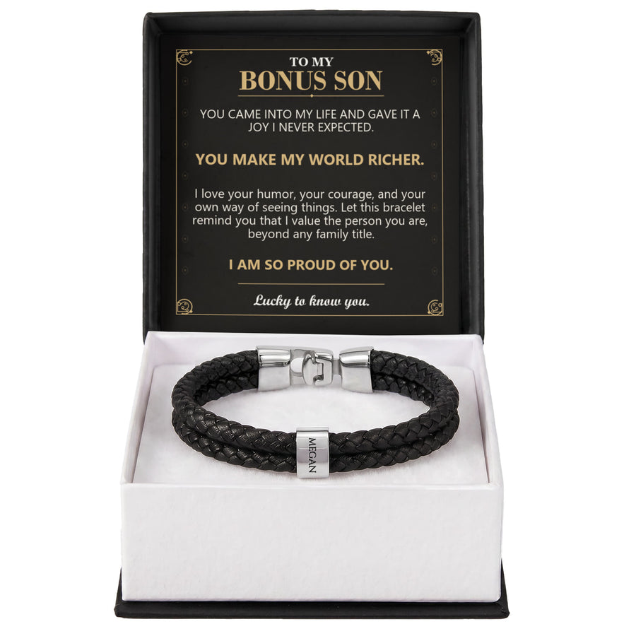 To My Bonus Son, You Make My World Richer - Personalized Name Bracelet