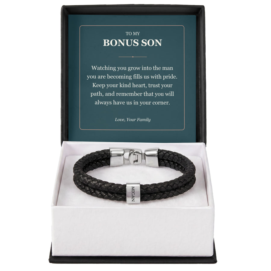 To My Bonus Son, Proud of the Man You Are Becoming - Personalized Name Bracelet