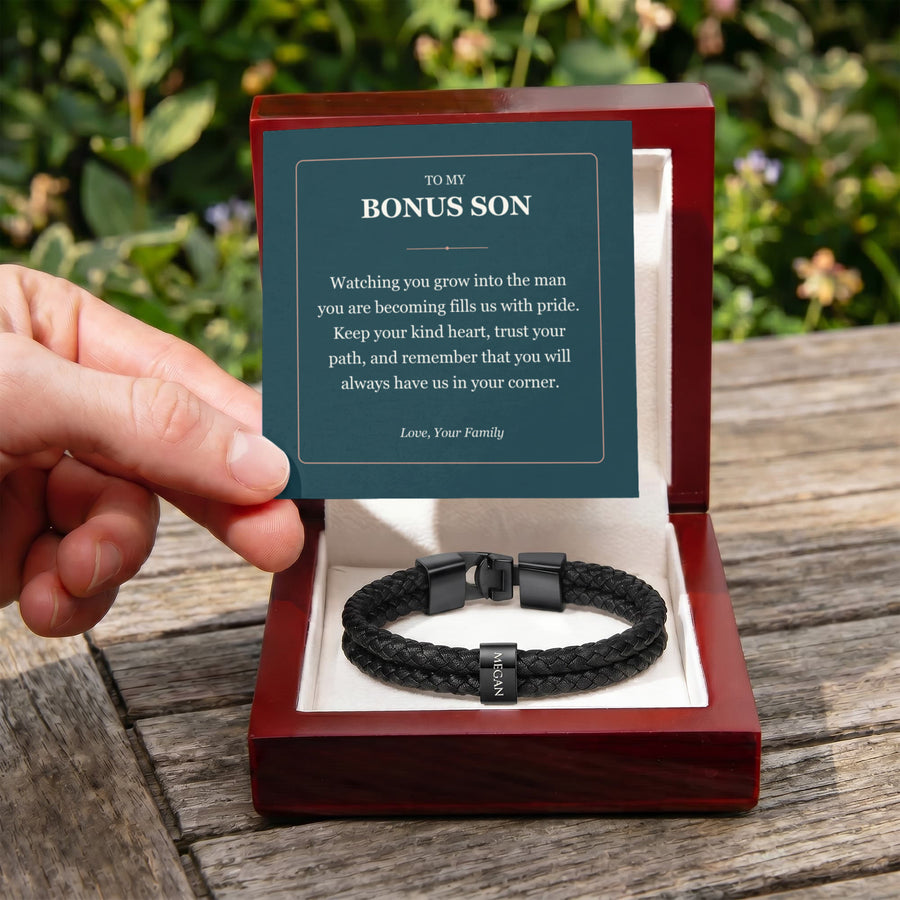 To My Bonus Son, Proud of the Man You Are Becoming - Personalized Name Bracelet
