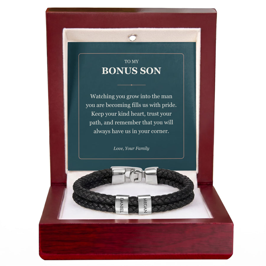 To My Bonus Son, Proud of the Man You Are Becoming - Personalized Name Bracelet
