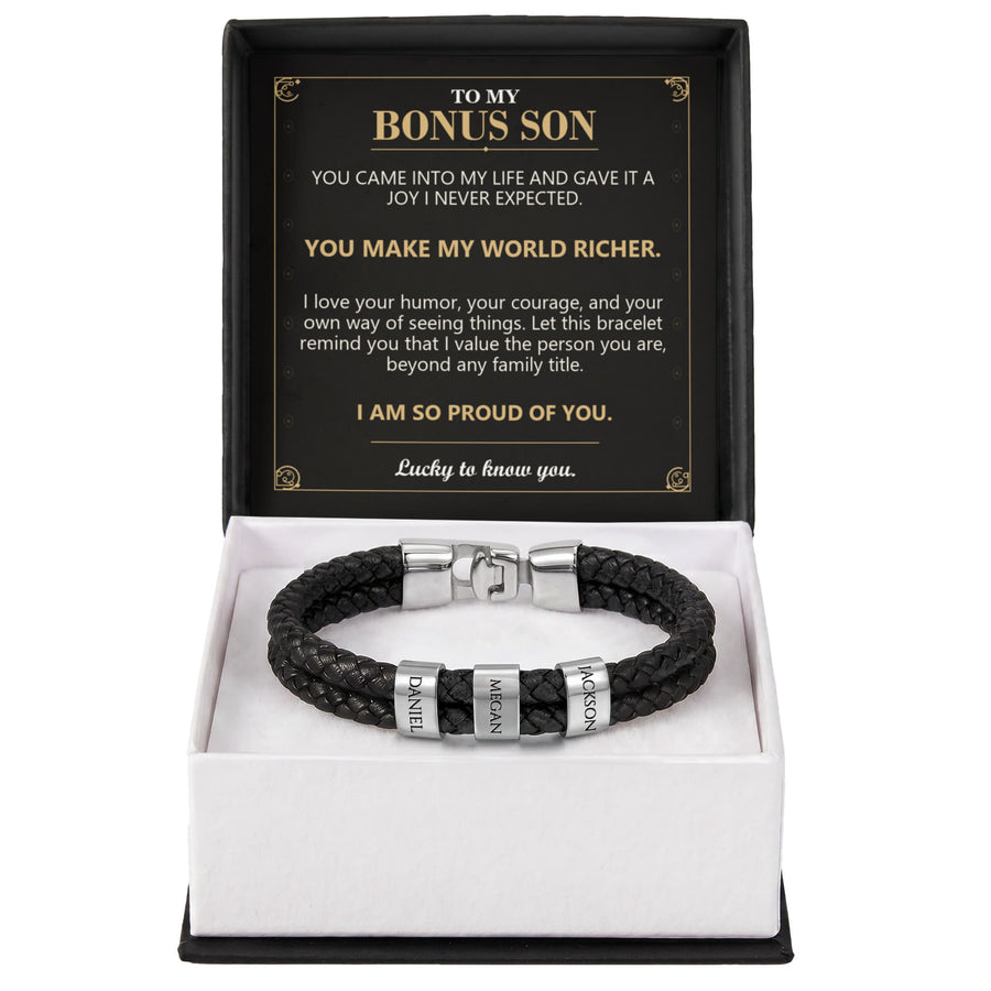 To My Bonus Son, You Make My World Richer - Personalized Name Bracelet