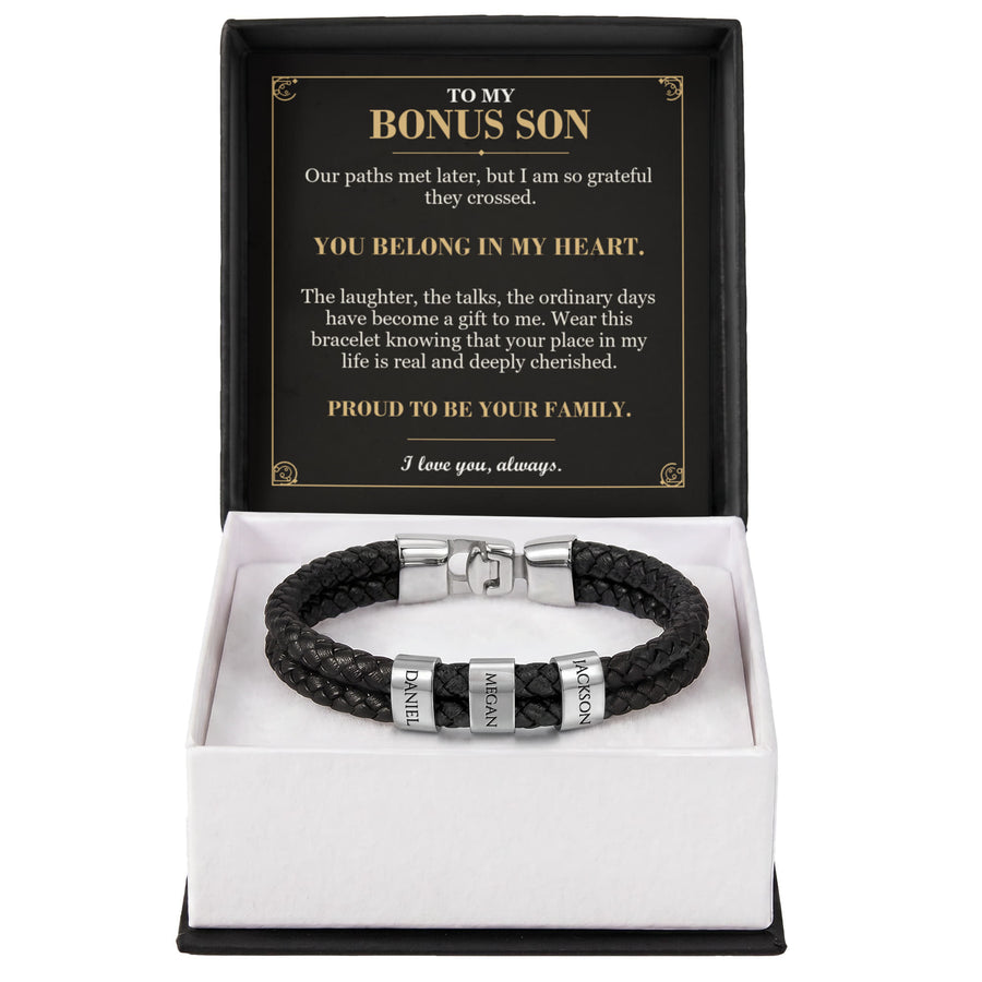To My Bonus Son, You Belong in My Heart - Personalized Name Bracelet
