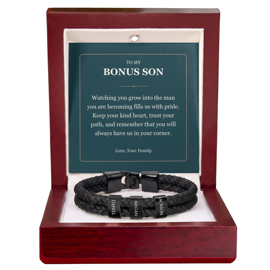 To My Bonus Son, Proud of the Man You Are Becoming - Personalized Name Bracelet