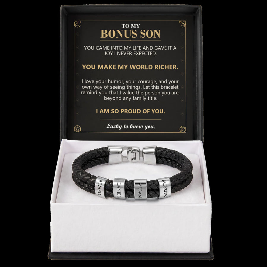 To My Bonus Son, You Make My World Richer - Personalized Name Bracelet