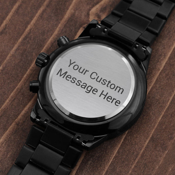 TEXT Customizable Engraved Black Chronograph Watch, Unique Birthday Gifts for Men