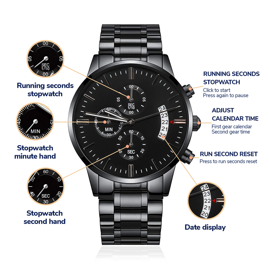 TEXT Customizable Engraved Black Chronograph Watch, Unique Birthday Gifts for Men