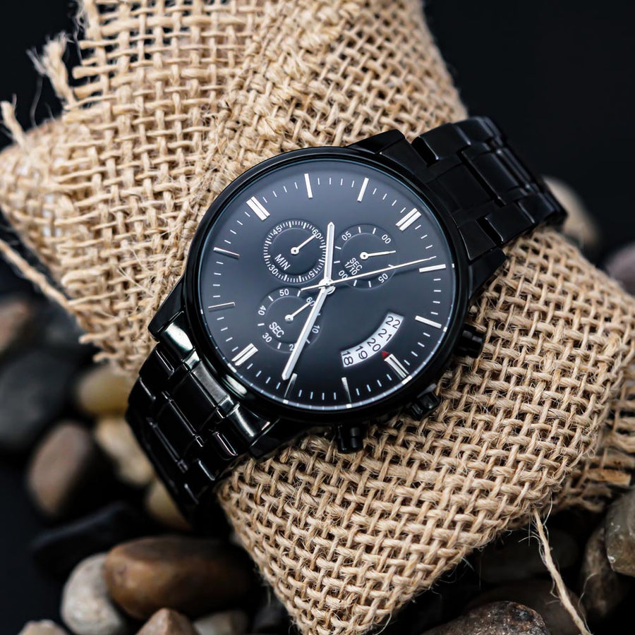 TEXT Customizable Engraved Black Chronograph Watch, Unique Birthday Gifts for Men