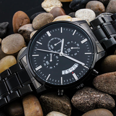 Load image into Gallery viewer, TEXT Customizable Engraved Black Chronograph Watch, Unique Birthday Gifts for Men
