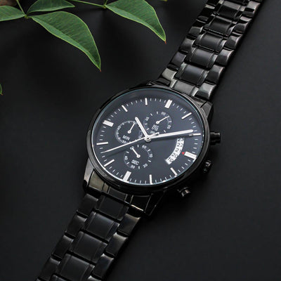 Load image into Gallery viewer, TEXT Customizable Engraved Black Chronograph Watch, Unique Birthday Gifts for Men
