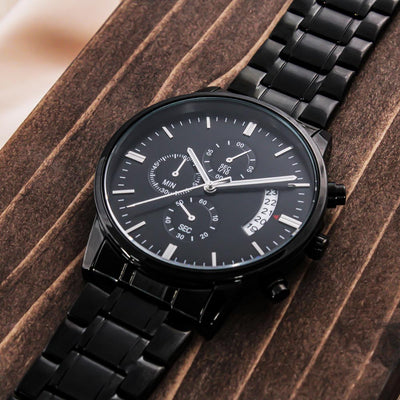 Load image into Gallery viewer, TEXT Customizable Engraved Black Chronograph Watch, Unique Birthday Gifts for Men
