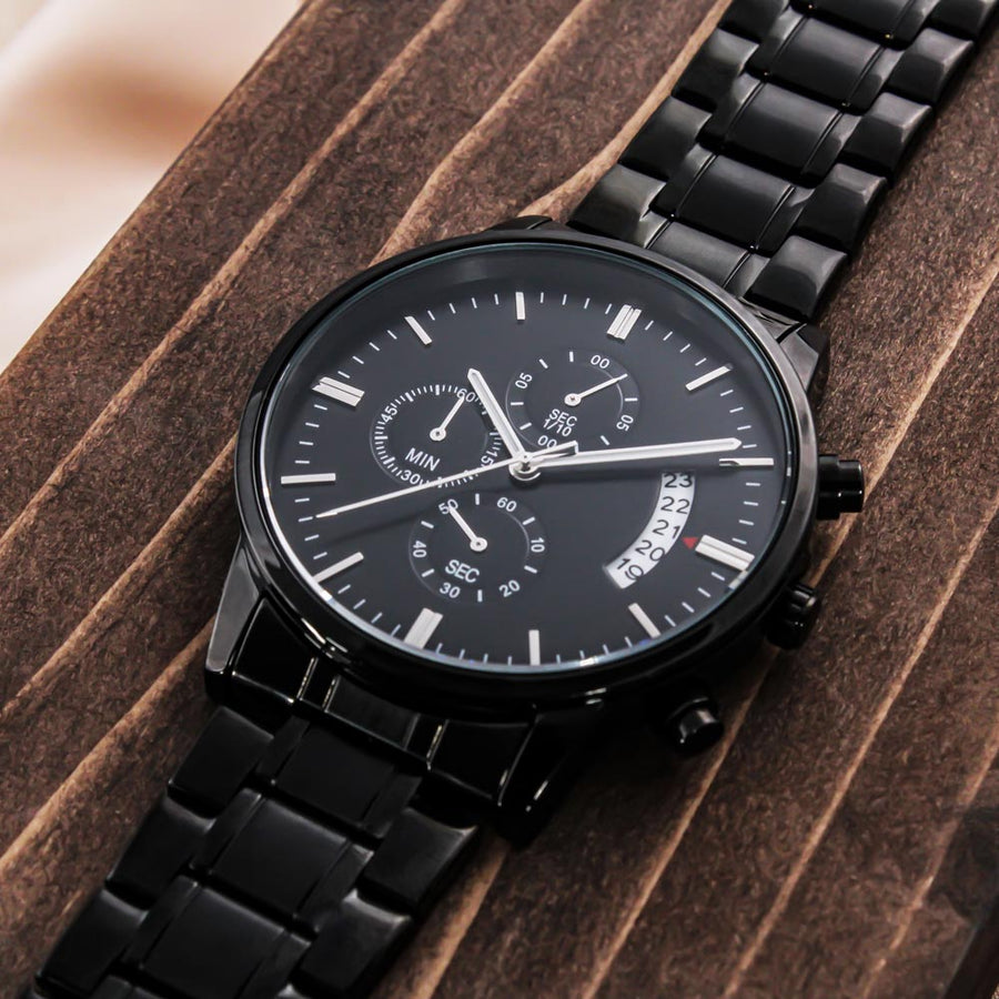 TEXT Customizable Engraved Black Chronograph Watch, Unique Birthday Gifts for Men