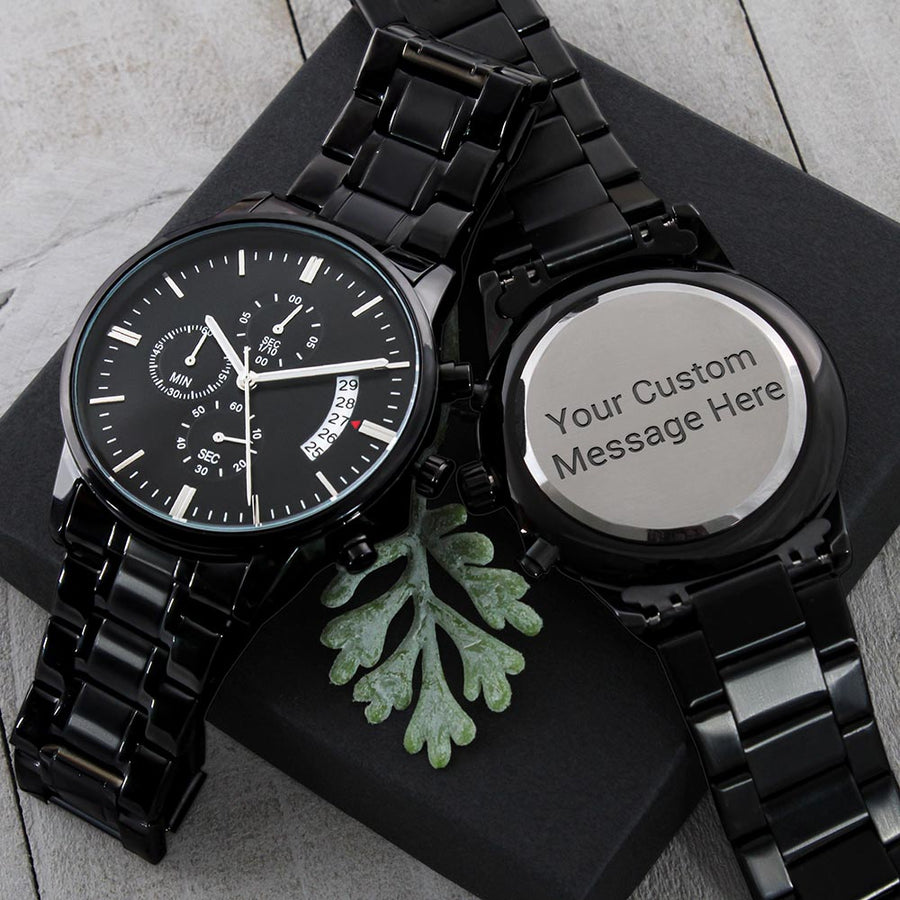 TEXT Customizable Engraved Black Chronograph Watch, Unique Birthday Gifts for Men