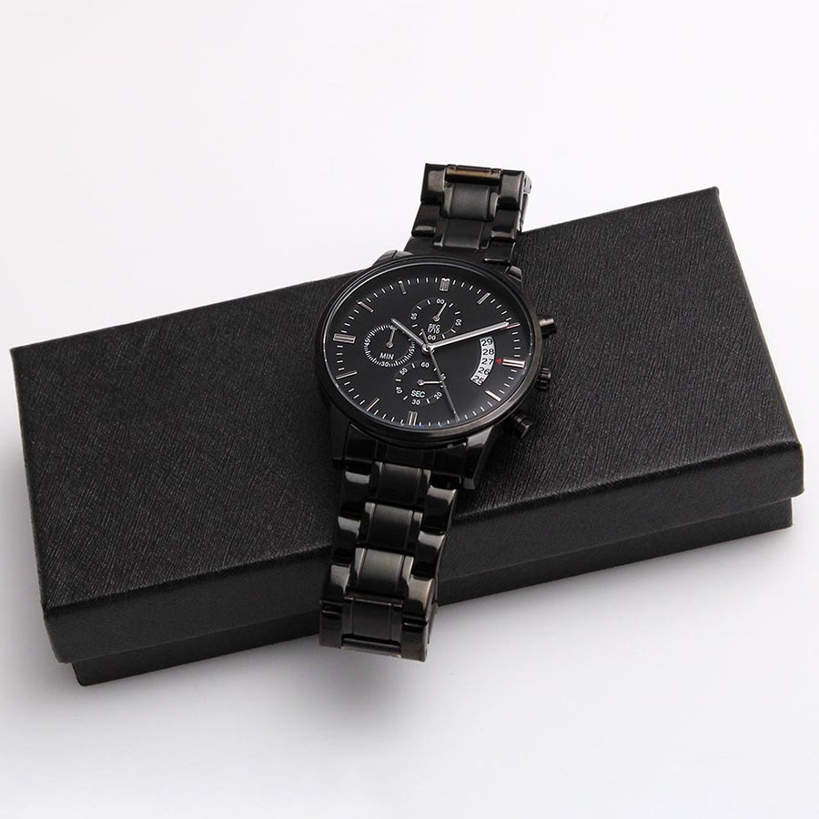 TEXT Customizable Engraved Black Chronograph Watch, Unique Birthday Gifts for Men
