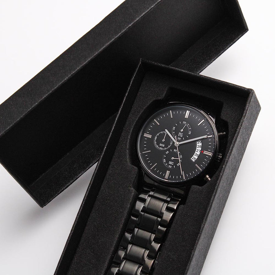 TEXT Customizable Engraved Black Chronograph Watch, Unique Birthday Gifts for Men