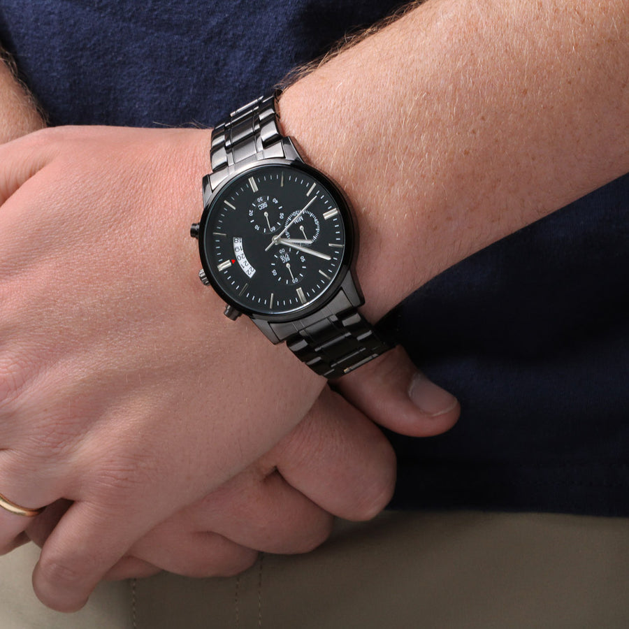 TEXT Customizable Engraved Black Chronograph Watch, Unique Birthday Gifts for Men