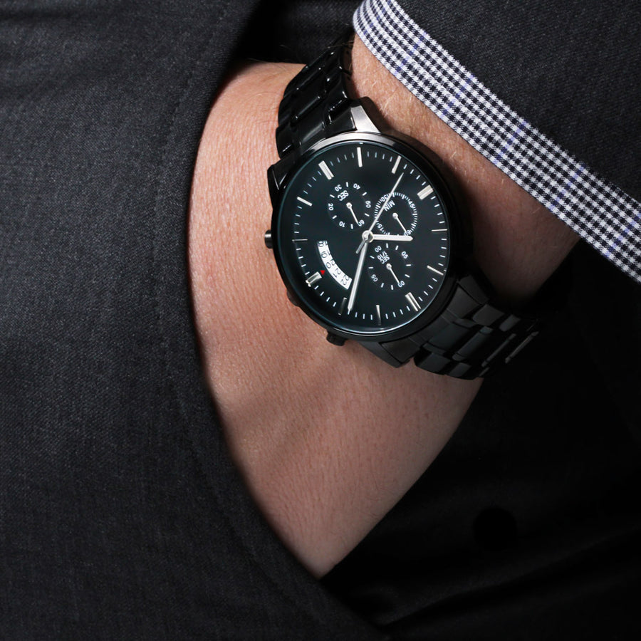TEXT Customizable Engraved Black Chronograph Watch, Unique Birthday Gifts for Men