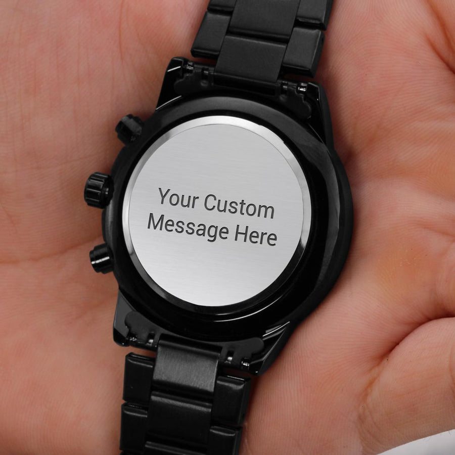 TEXT Customizable Engraved Black Chronograph Watch, Unique Birthday Gifts for Men