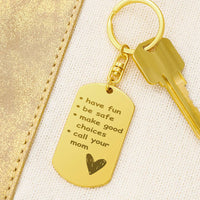 Load image into Gallery viewer, Engraved Dog Tag Keychain for Son / Daughter from Mom, Be Safe and Call Your Mom Keychain
