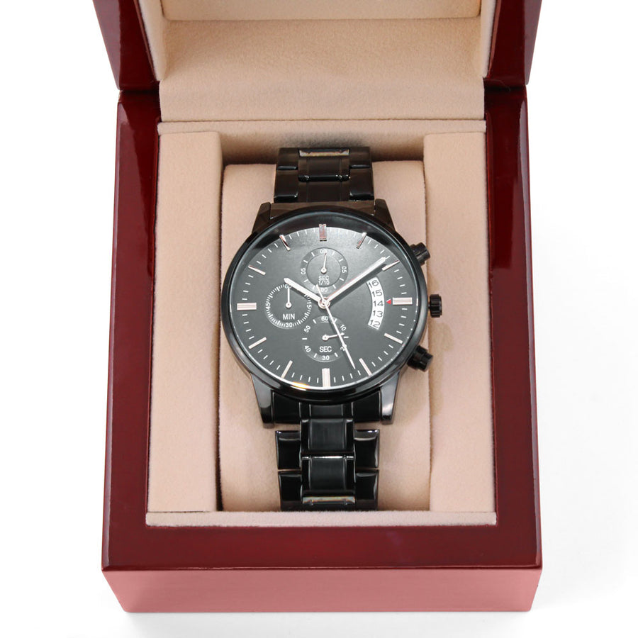 TEXT Customizable Engraved Black Chronograph Watch, Unique Birthday Gifts for Men