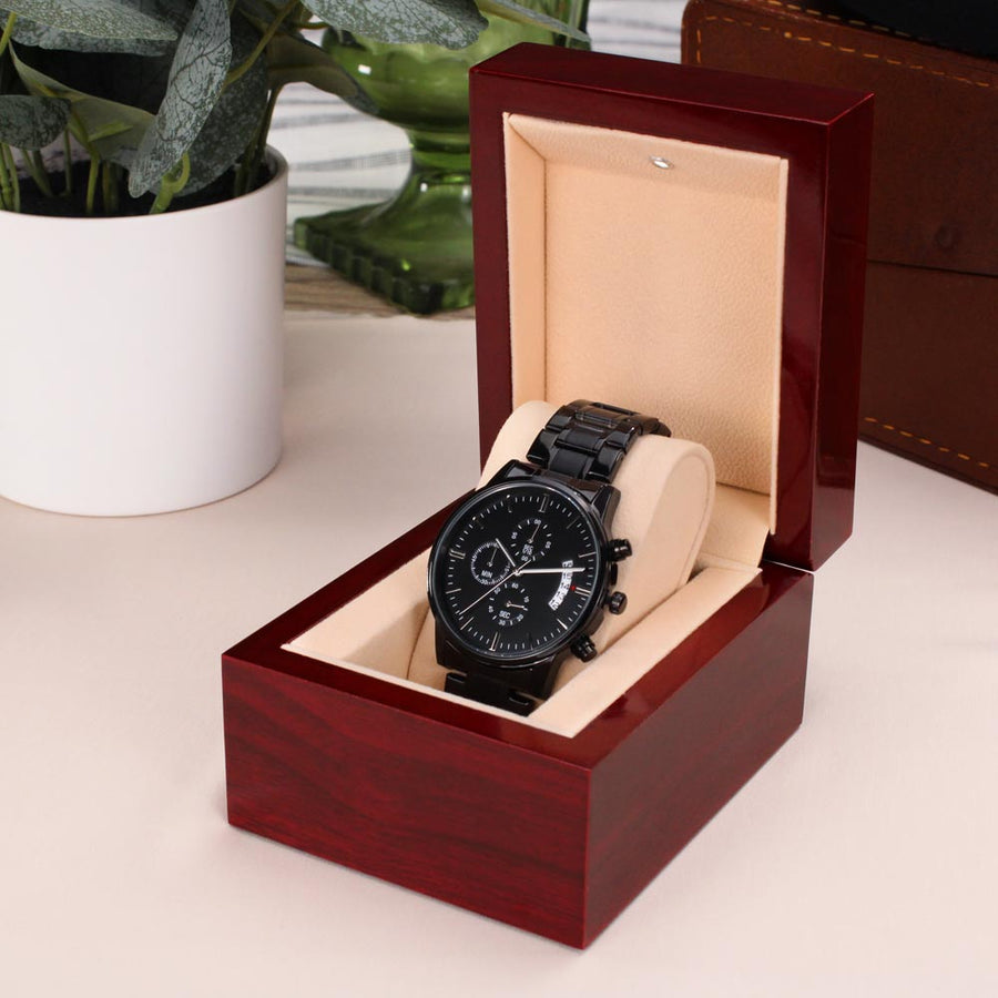 TEXT Customizable Engraved Black Chronograph Watch, Unique Birthday Gifts for Men
