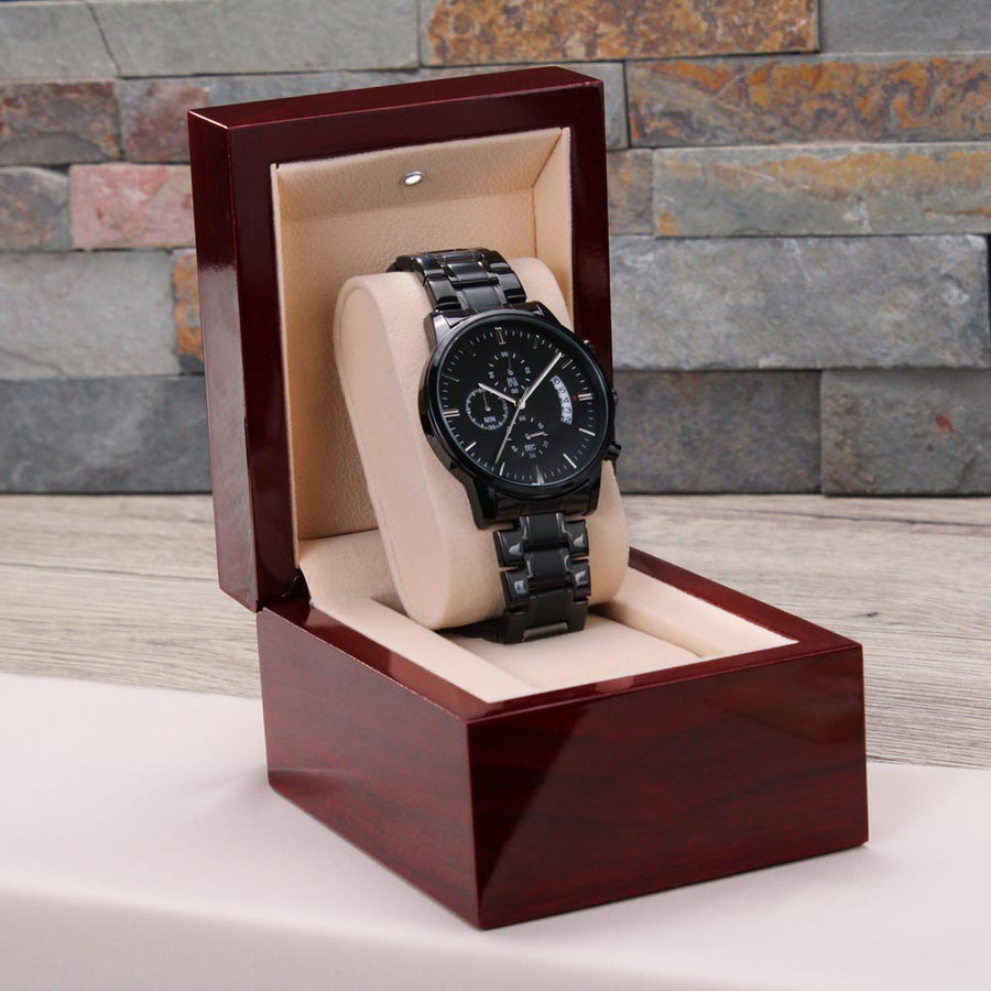 TEXT Customizable Engraved Black Chronograph Watch, Unique Birthday Gifts for Men