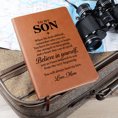 Load image into Gallery viewer, To My Son Journal from Mom - Believe in Yourself | Inspirational Leather Notebook
