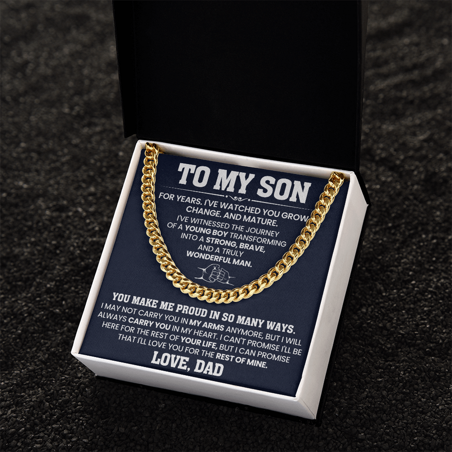 To My Son Cuban Link Chain Stainless Steel with Message, Birthday Necklace for Son from Mom and Dad