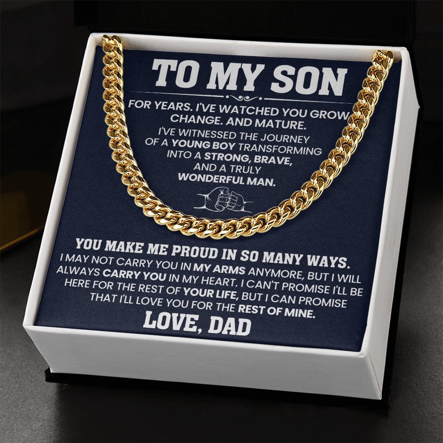 To My Son Cuban Link Chain Stainless Steel with Message, Birthday Necklace for Son from Mom and Dad