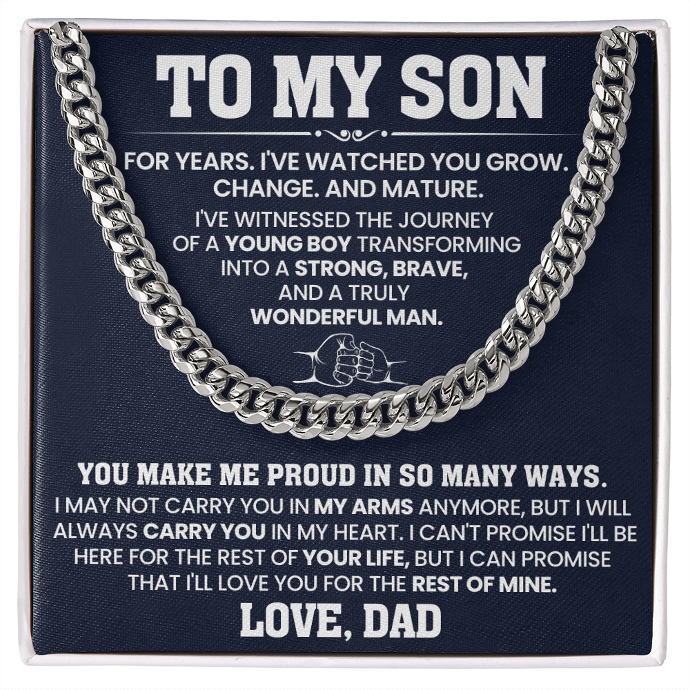 To My Son Cuban Link Chain Stainless Steel with Message, Birthday Necklace for Son from Mom and Dad