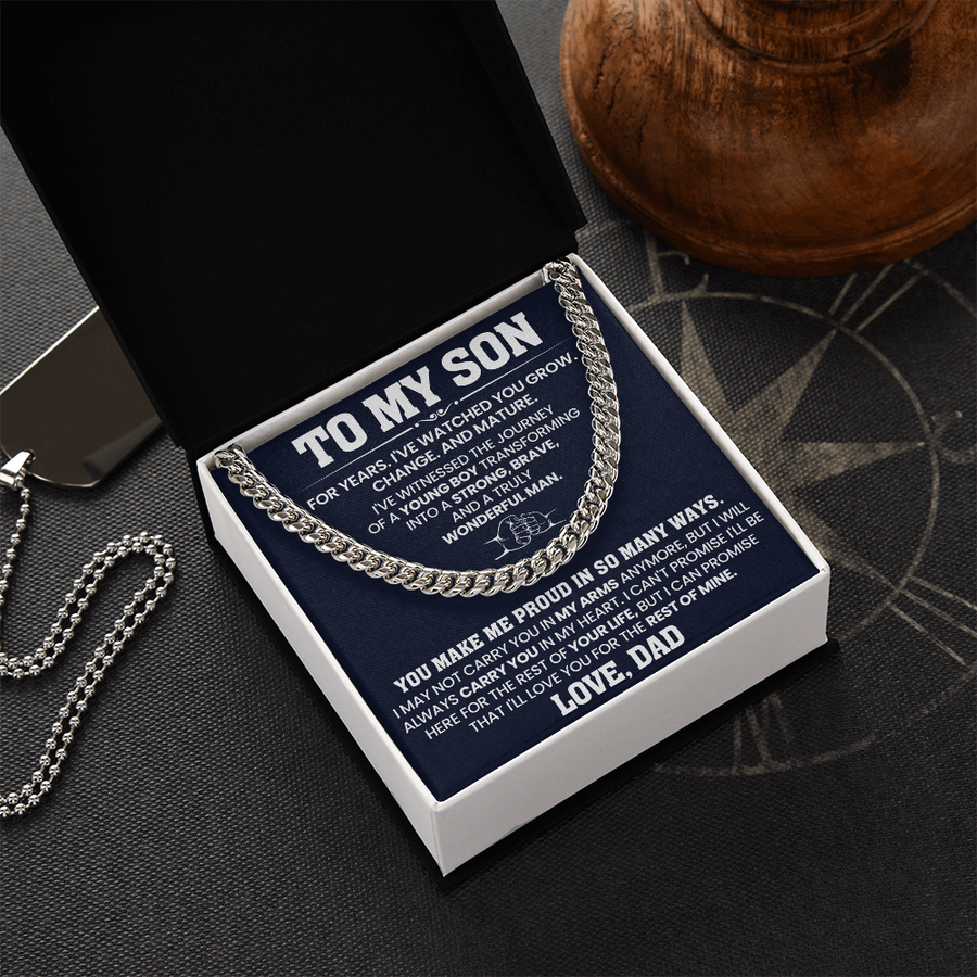 To My Son Cuban Link Chain Stainless Steel with Message, Birthday Necklace for Son from Mom and Dad