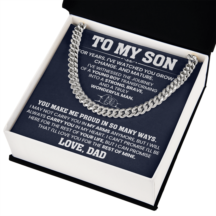To My Son Cuban Link Chain Stainless Steel with Message, Birthday Necklace for Son from Mom and Dad