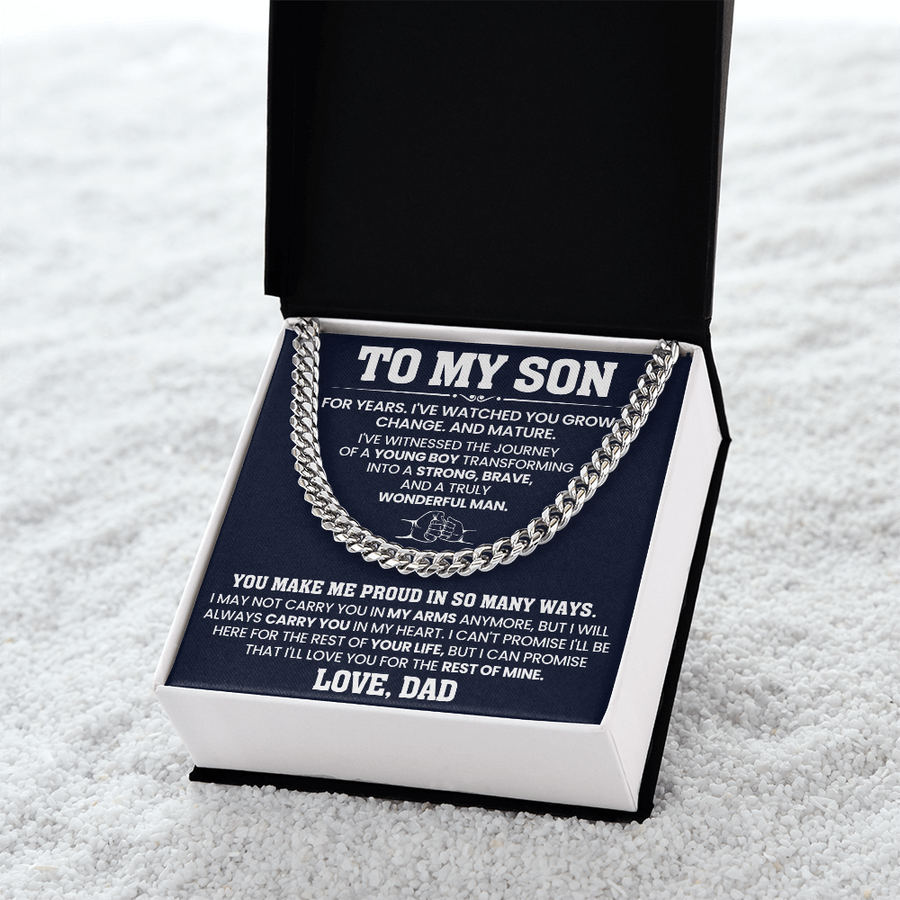 To My Son Cuban Link Chain Stainless Steel with Message, Birthday Necklace for Son from Mom and Dad