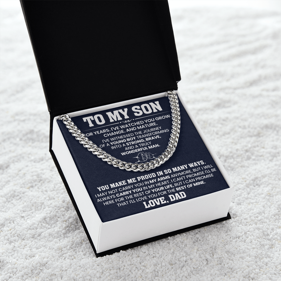 To My Son Cuban Link Chain Stainless Steel with Message, Birthday Necklace for Son from Mom and Dad