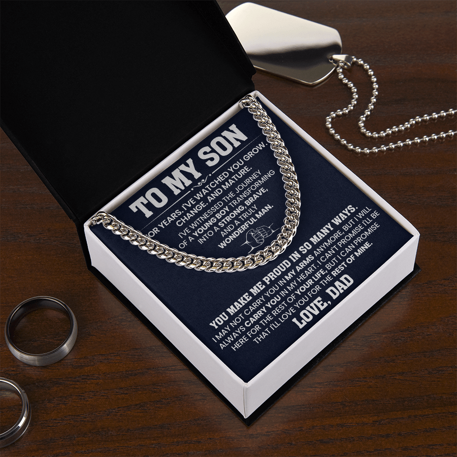 To My Son Cuban Link Chain Stainless Steel with Message, Birthday Necklace for Son from Mom and Dad