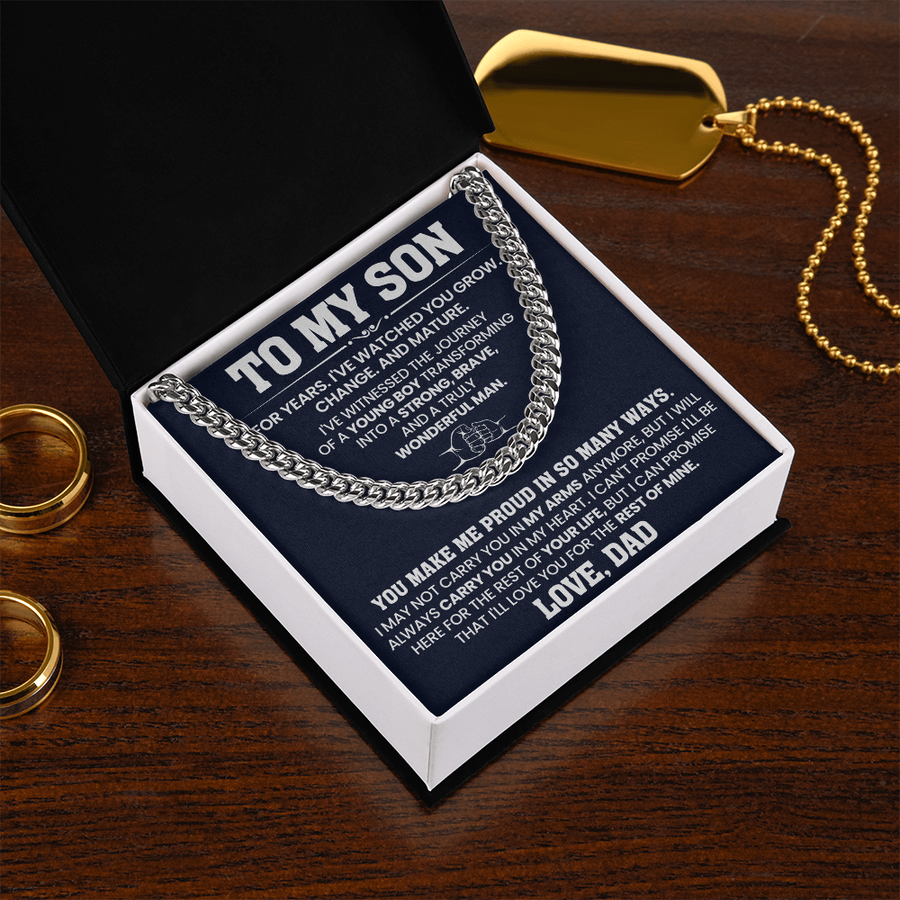 To My Son Cuban Link Chain Stainless Steel with Message, Birthday Necklace for Son from Mom and Dad