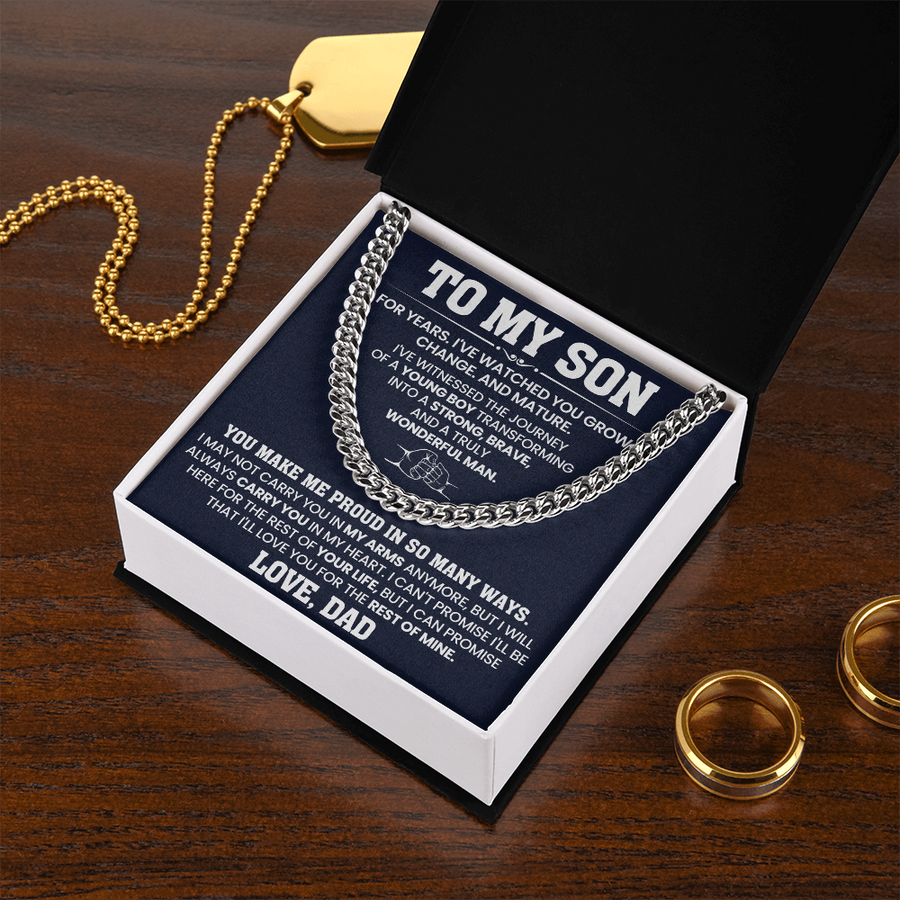 To My Son Cuban Link Chain Stainless Steel with Message, Birthday Necklace for Son from Mom and Dad