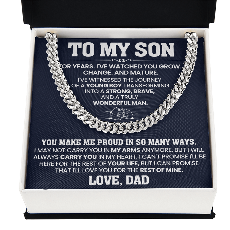 To My Son Cuban Link Chain Stainless Steel with Message, Birthday Necklace for Son from Mom and Dad