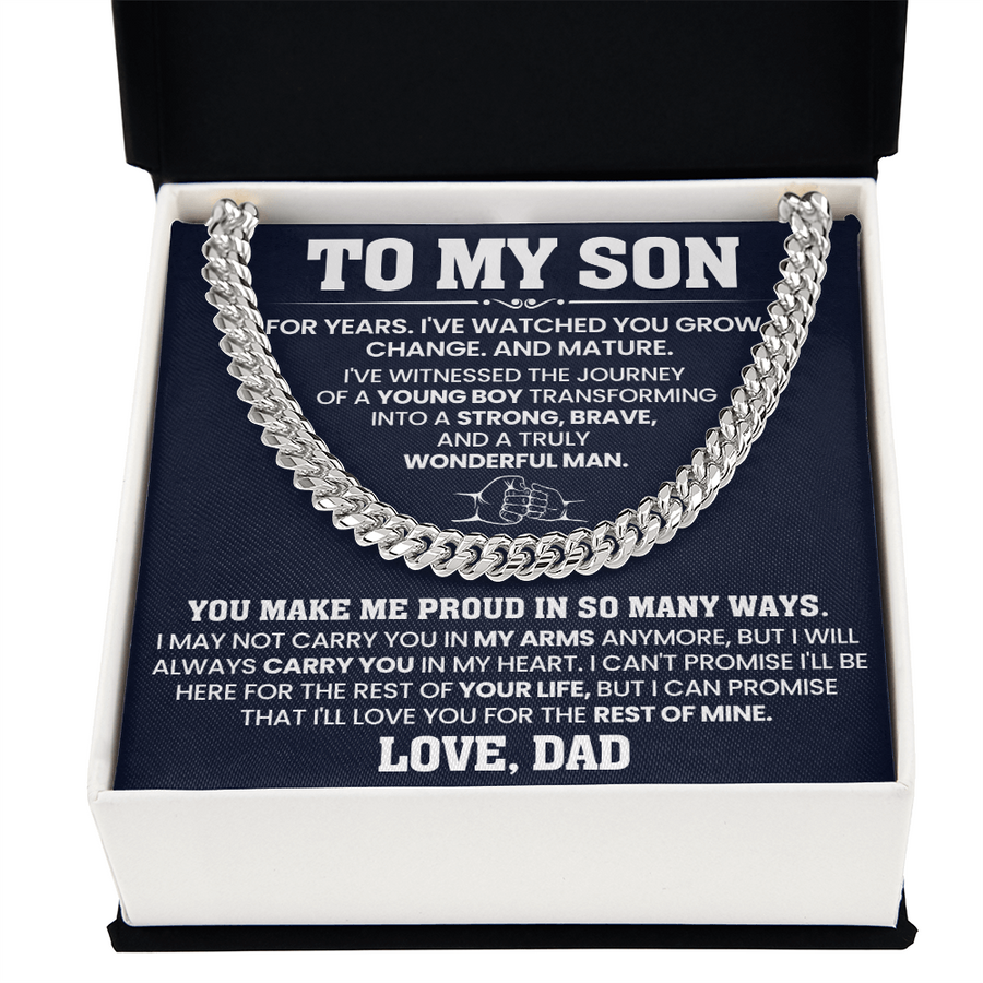 To My Son Cuban Link Chain Stainless Steel with Message, Birthday Necklace for Son from Mom and Dad