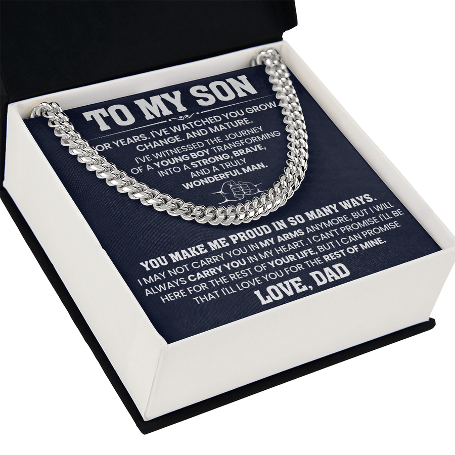 To My Son Cuban Link Chain Stainless Steel with Message, Birthday Necklace for Son from Mom and Dad