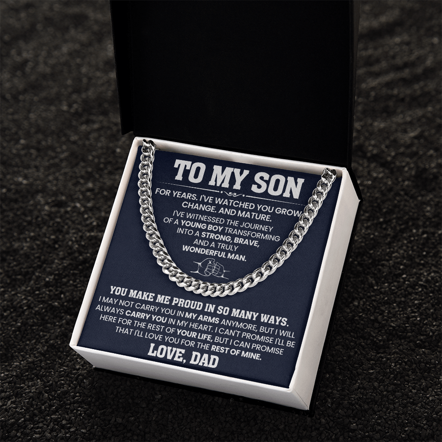 To My Son Cuban Link Chain Stainless Steel with Message, Birthday Necklace for Son from Mom and Dad