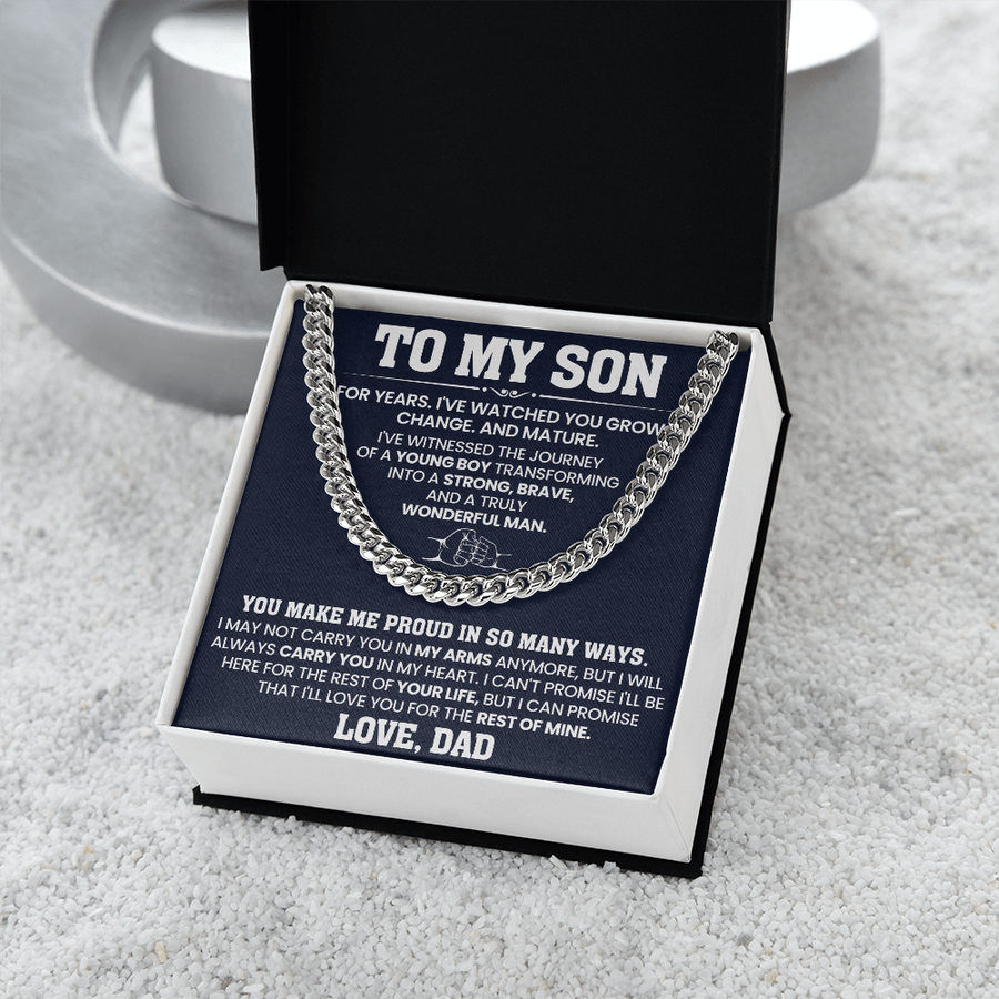 To My Son Cuban Link Chain Stainless Steel with Message, Birthday Necklace for Son from Mom and Dad