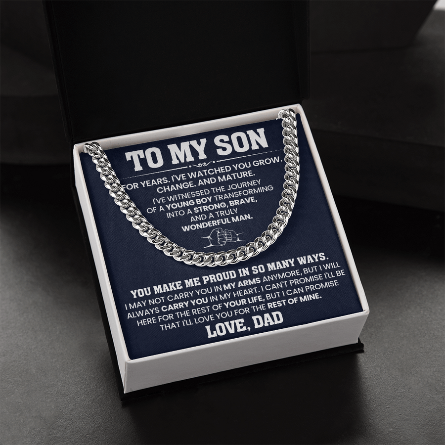To My Son Cuban Link Chain Stainless Steel with Message, Birthday Necklace for Son from Mom and Dad