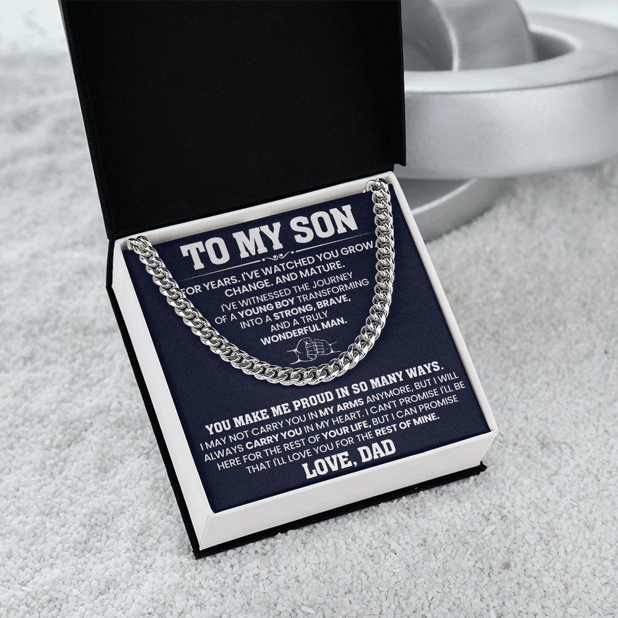 To My Son Cuban Link Chain Stainless Steel with Message, Birthday Necklace for Son from Mom and Dad