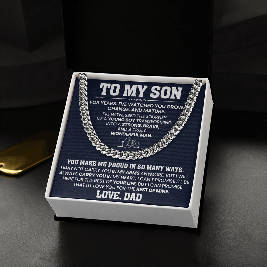 To My Son Cuban Link Chain Stainless Steel with Message, Birthday Necklace for Son from Mom and Dad