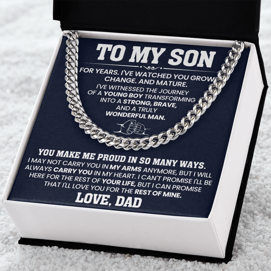 To My Son Cuban Link Chain Stainless Steel with Message, Birthday Necklace for Son from Mom and Dad