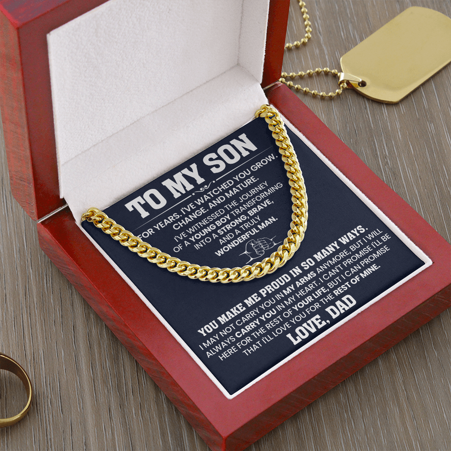 To My Son Cuban Link Chain Stainless Steel with Message, Birthday Necklace for Son from Mom and Dad
