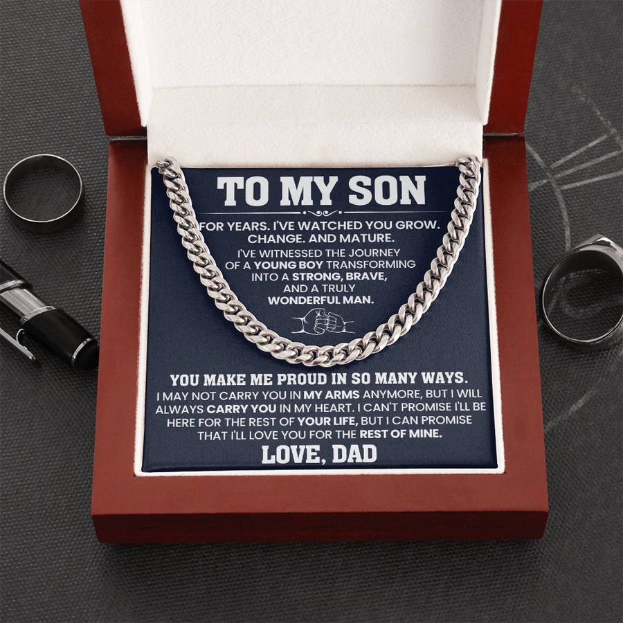 To My Son Cuban Link Chain Stainless Steel with Message, Birthday Necklace for Son from Mom and Dad
